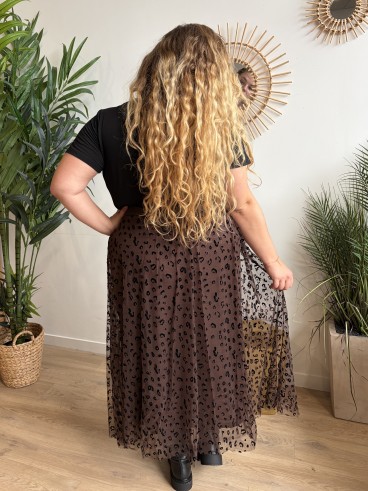 Jupe longue en tulle léopard chocolat - grande taille