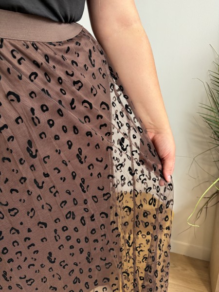 Jupe longue en tulle léopard chocolat