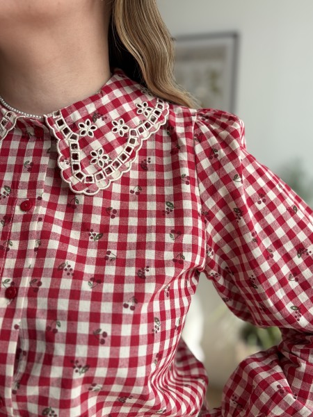 Chemise vichy à col Claudine rouge