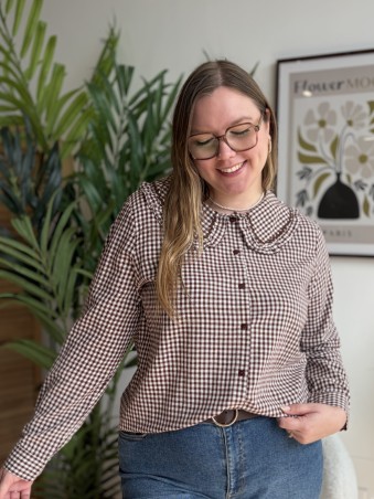 Chemise vichy à col Claudine marron - grande taille