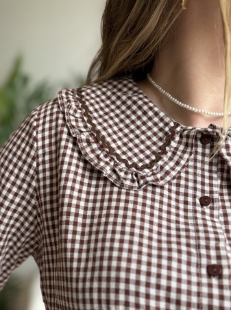 Chemise vichy à col Claudine marron