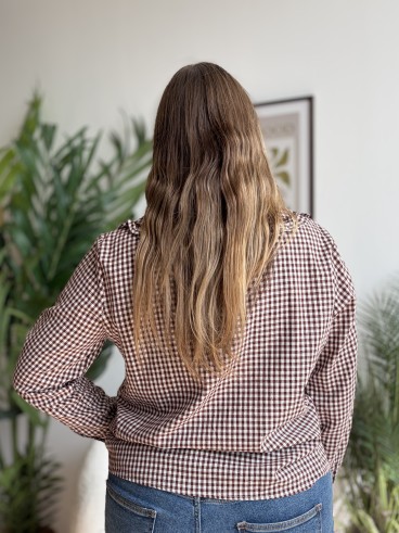 Chemise vichy à col Claudine marron - grande taille