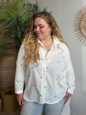 Chemise Charlotte brodée à col volanté blanche - grande taille