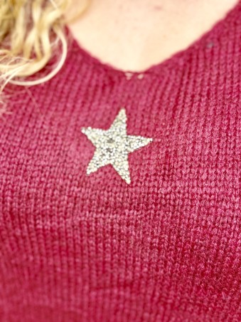 Pull étoile dorée Betty bordeaux