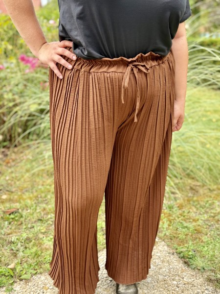 Pantalon fluide plissé palazzo Lexie marron
