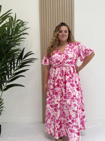 Robe fluide longue "Ninon" imprimé floral eucalyptus rose