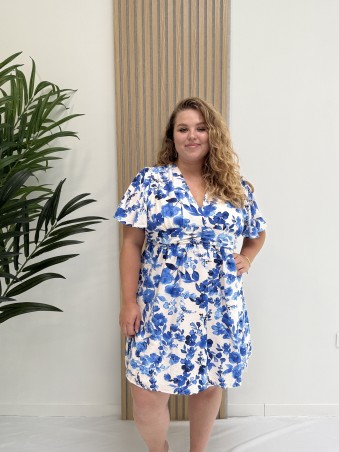 Robe fluide courte "Lilou" imprimé feuillages bleus
