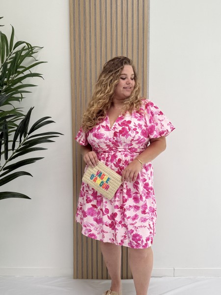 Robe fluide courte "Lilou" imprimé feuillages fuschia