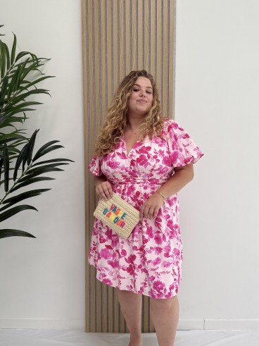 Robe fluide courte "Lilou" imprimé feuillages fuschia