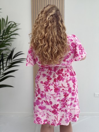 Robe fluide courte "Lilou" imprimé feuillages fuschia