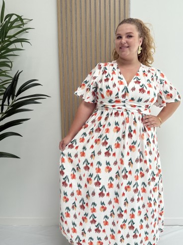 Robe longue "Maria" imprimé tulipes effet arcade blanche