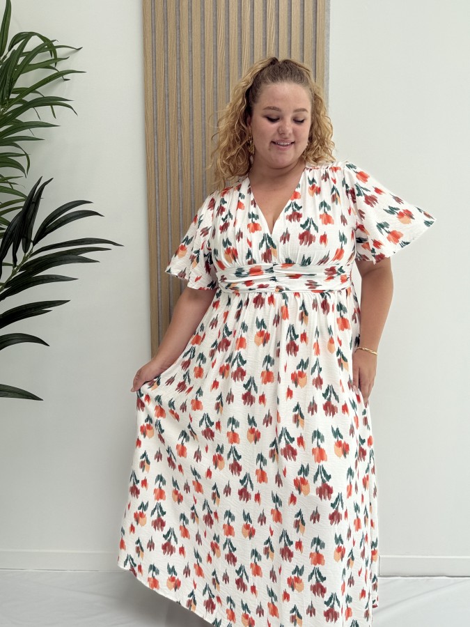 Robe longue "Maria" imprimé tulipes effet arcade blanche Robe longue "Maria" imprimé tulipes effet arcade blanche