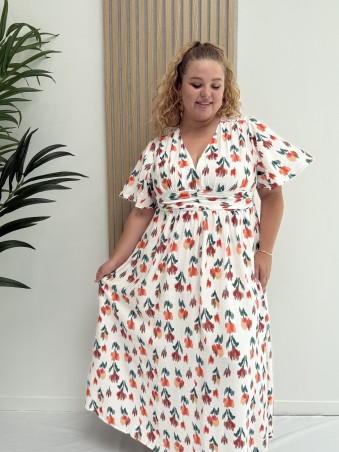 Robe longue "Maria" imprimé tulipes effet arcade blanche