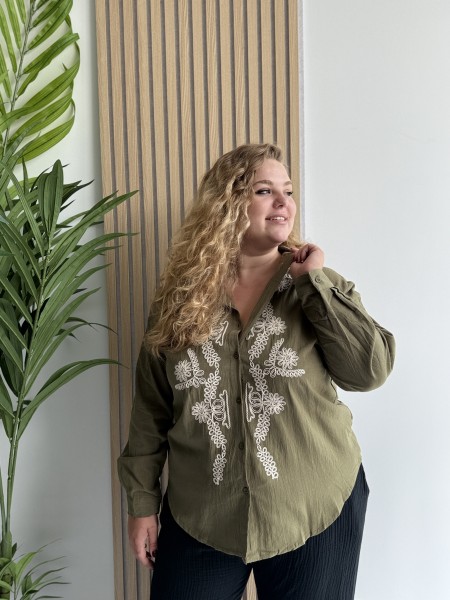 Chemise coton broderie fleurs blanches Marina kaki