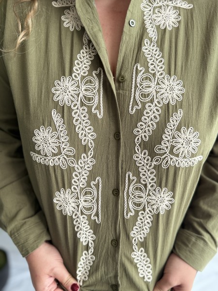 Chemise coton broderie fleurs blanches Marina kaki