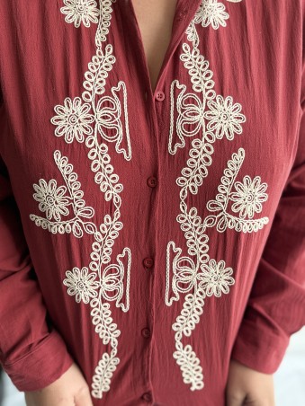 Chemise coton broderie fleurs Marina bordeaux