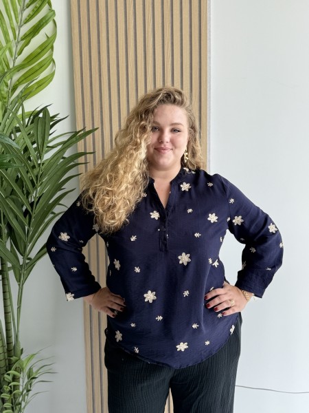Blouse boutonné fluide broderie fleurs Paloma bleu