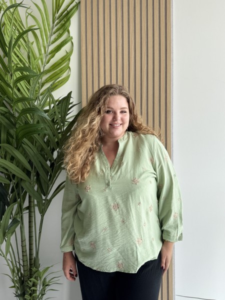 Blouse boutonné fluide broderie fleurs Paloma vert