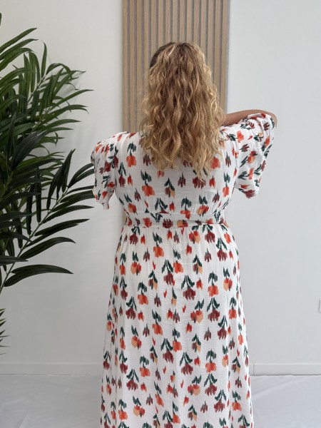 Robe longue "Maria" imprimé tulipes effet arcade blanche
