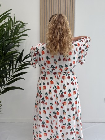 Robe longue "Maria" imprimé tulipes effet arcade blanche