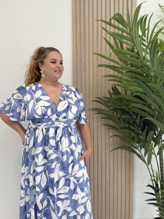 Robe longue "Angèle" imprimé feuillages blancs et fond bleu