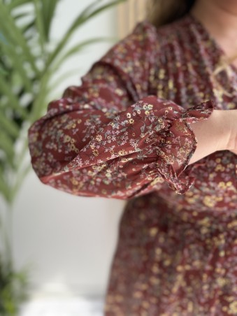 Robe noire longue mini fleurs Ivy bordeaux