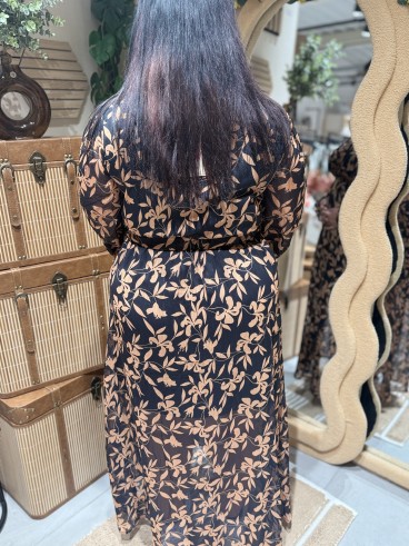 Robe Longue Noire Feuillage Beige Amélia