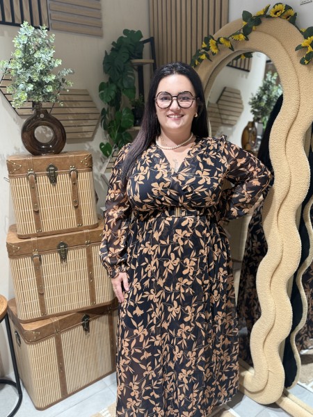 Robe Longue Noire Feuillage Beige Amélia