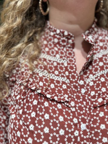 Chemise Broderie Fleurs Cercle Col Claudine Terracotta Héléna