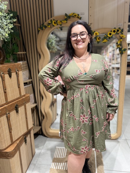 Robe courte broderie pétales bordeaux kaki Talia