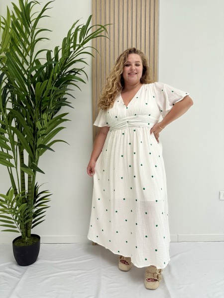 Robe longue "Maryline" en gaze de coton broderie mini coeurs