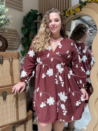 Robe courte bordeaux broderie fleurs blanches Rita