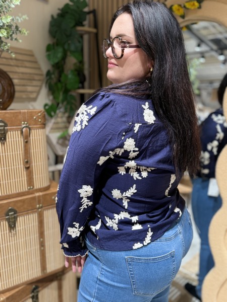 Chemise Fluide Broderie Fleurs Bleu Carla