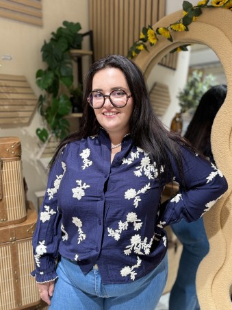 Chemise Fluide Broderie Fleurs Bleu Carla