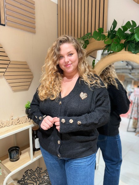Gilet doux boutons et coeur léopard noir Juliana