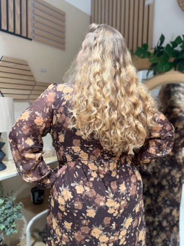 Robe longue imprimé fleurs de chateau café Rosa