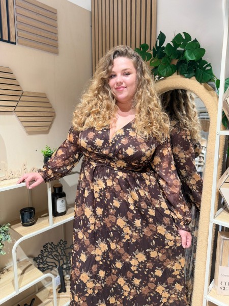 Robe longue imprimé fleurs de chateau café Rosa
