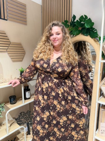 Robe longue imprimé fleurs de chateau café Rosa