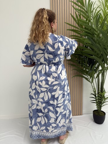 Robe longue "Angèle" imprimé feuillages blancs et fond bleu