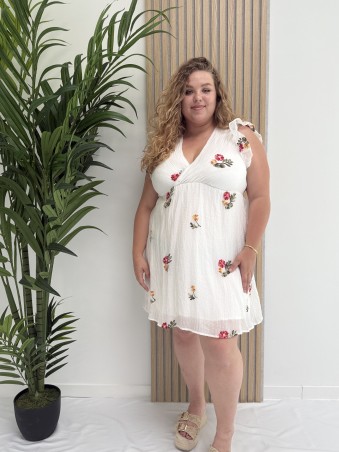 Robe courte "Cécile" blanche avec broderie fleurs