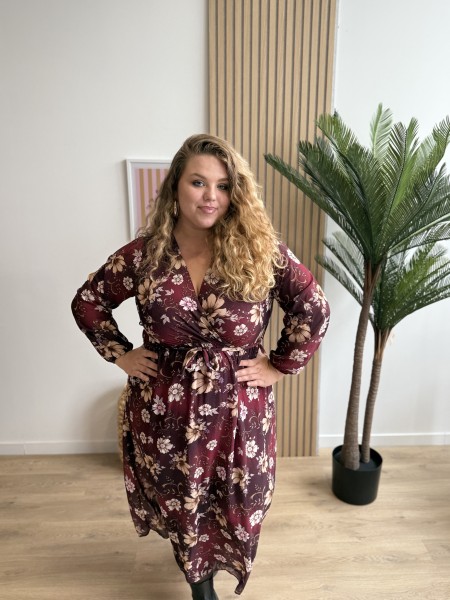 Robe longue fleurs beiges Aurea bordeaux