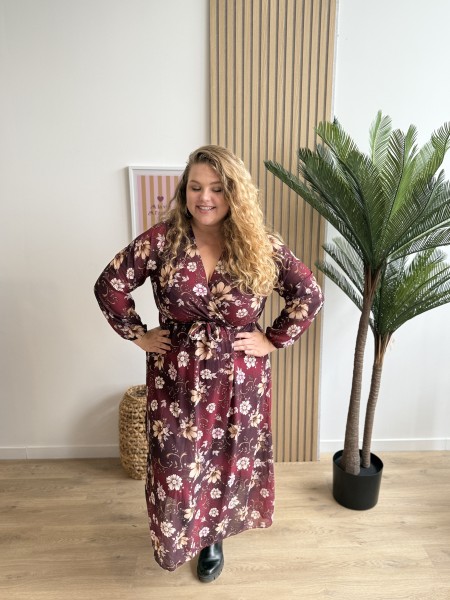 Robe longue fleurs beiges Aurea bordeaux