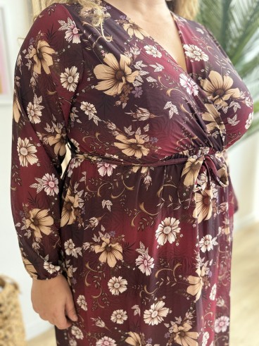 Robe longue fleurs beiges Aurea bordeaux