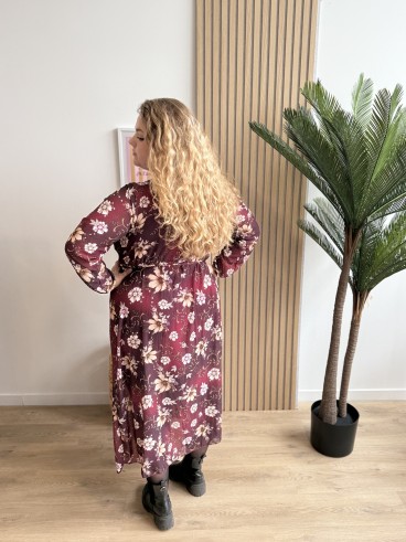 Robe longue fleurs beiges Aurea bordeaux