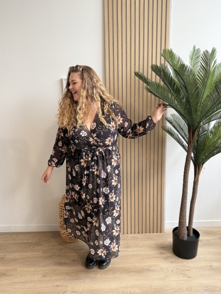 Robe longue fleurs beiges Aurea noir