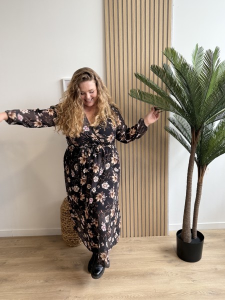 Robe longue fleurs beiges Aurea noir