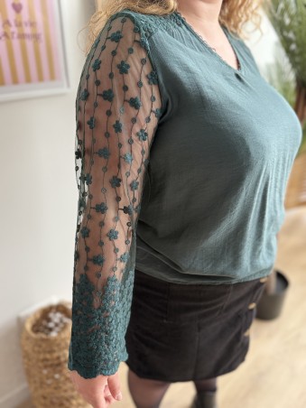 Top fluide manches transparentes Raquel vert