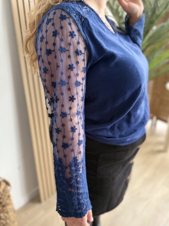 Top fluide manches transparentes Raquel bleu