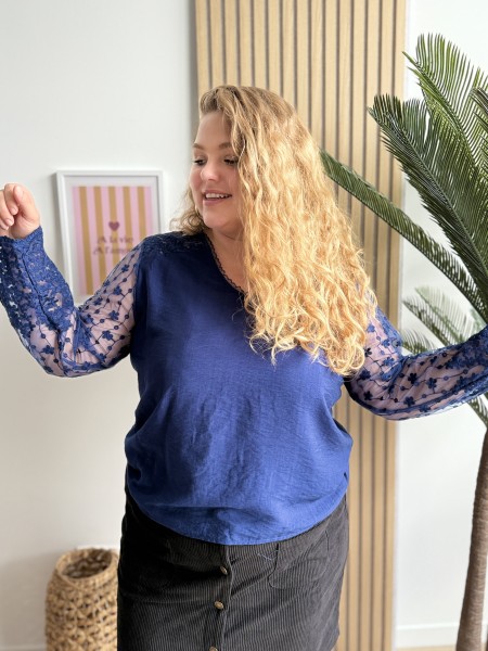 Top fluide manches transparentes Raquel bleu