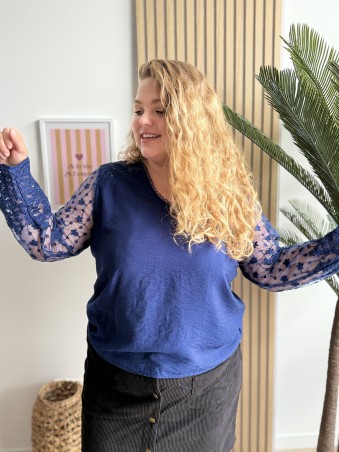 Top fluide manches transparentes Raquel bleu